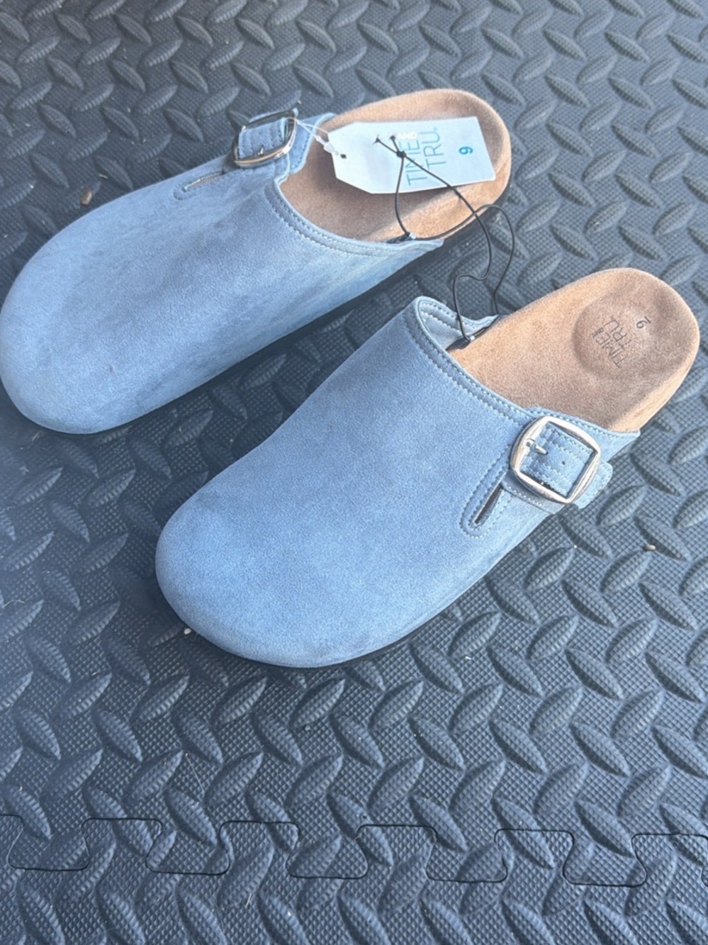Time and Tru Light Blue Suede Slip-On Clogs with Buckle - Picture 2 of 4